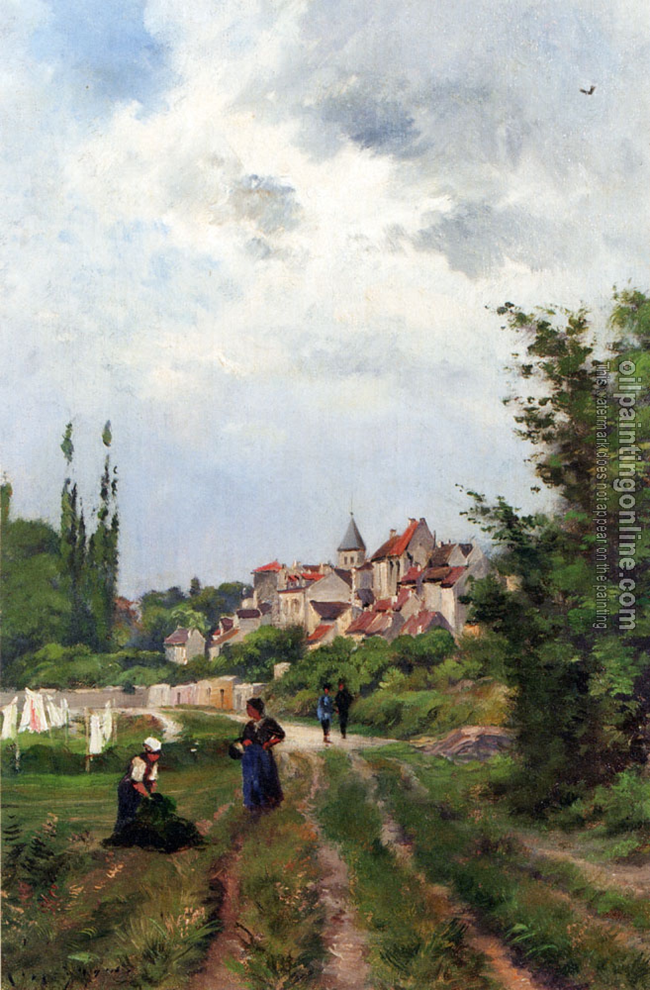 Henri-Joseph Harpignies - Washer Women On A Study Track With A Village Beyond